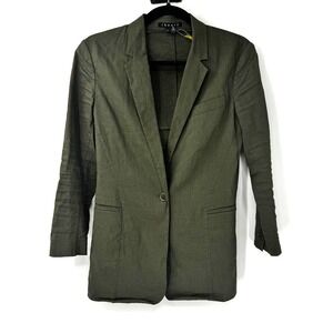 Theory Womens Olive Green Linen Blend Single Button Blazer Jacket Size 0